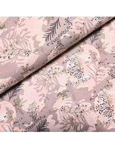 Tissu, French Terry Imprimé Feuilles, Tons Roses Nature, Laize 150 cm, Coton Stretch Oeko-Tex