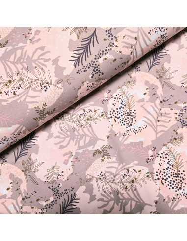 Tissu, French Terry Imprimé Feuilles, Tons Roses Nature, Laize 150 cm, Coton Stretch Oeko-Tex