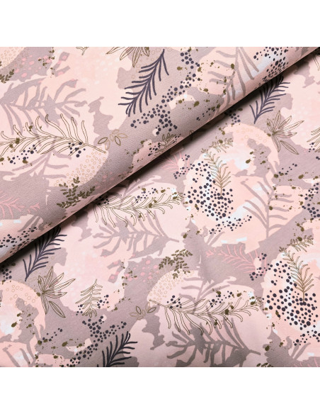 Tissu, French Terry Imprimé Feuilles, Tons Roses Nature, Laize 150 cm, Coton Stretch Oeko-Tex