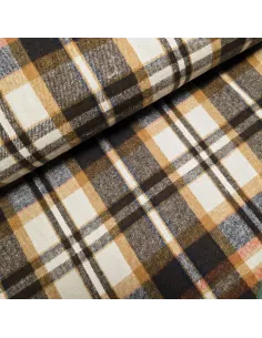 Tissu, Lainage Carreaux, Beige Marron Bleu, Laize 145 cm, 65% Polyester 35% Coton