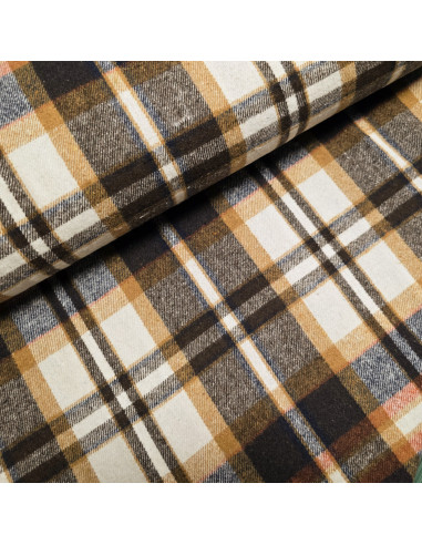 Tissu, Lainage Carreaux, Beige Marron Bleu, Laize 145 cm, 65% Polyester 35% Coton