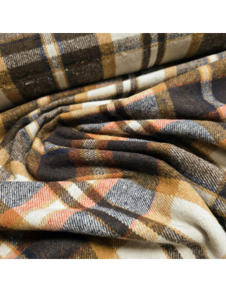 Tissu, Lainage Carreaux, Beige Marron Bleu, Laize 145 cm, 65% Polyester 35% Coton
