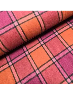 Tissu, Lainage Carreaux, Rose Orange, Laize 150 cm, 100% Polyester 480g/ml