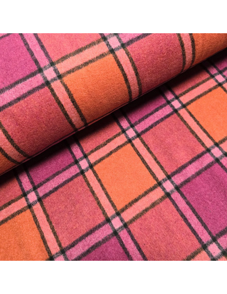 Tissu, Lainage Carreaux, Rose Orange, Laize 150 cm, 100% Polyester 480g/ml