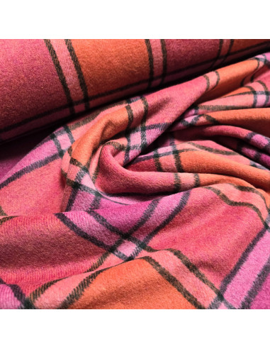 Tissu, Lainage Carreaux, Rose Orange, Laize 150 cm, 100% Polyester 480g/ml
