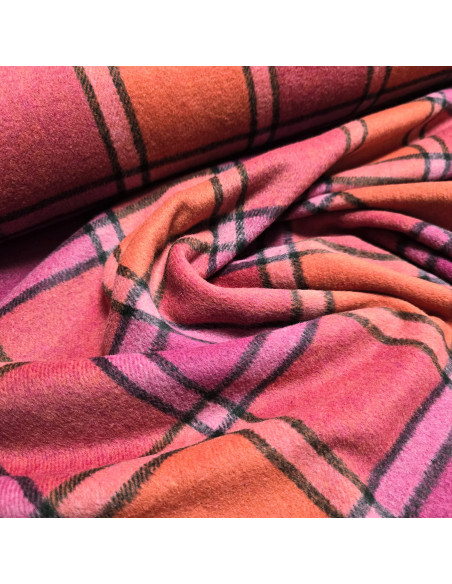 Tissu, Lainage Carreaux, Rose Orange, Laize 150 cm, 100% Polyester 480g/ml