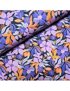Tissu, French Terry Imprimé Floral, Fleurs sur Fond Marine, Laize 145 cm, Coton Stretch Oeko-Tex