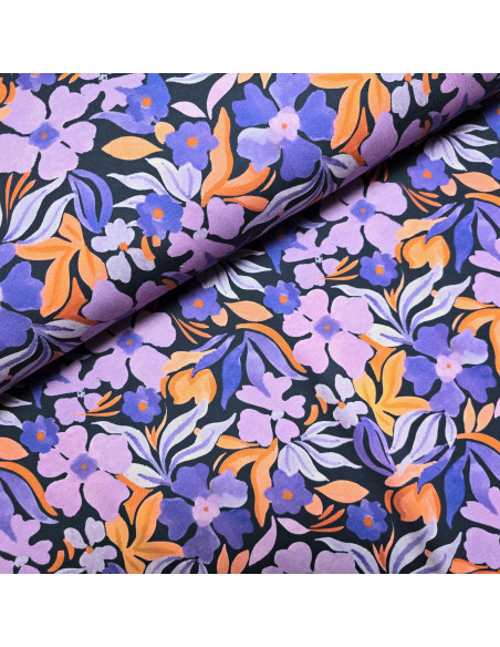 Tissu, French Terry Imprimé Floral, Fleurs sur Fond Marine, Laize 145 cm, Coton Stretch Oeko-Tex