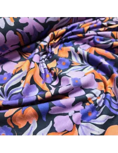 Tissu, French Terry Imprimé Floral, Fleurs sur Fond Marine, Laize 145 cm, Coton Stretch Oeko-Tex 2