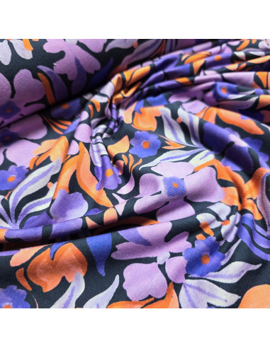 Tissu, French Terry Imprimé Floral, Fleurs sur Fond Marine, Laize 145 cm, Coton Stretch Oeko-Tex