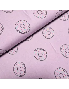 Tissu, Jersey de Coton Imprimé Donuts, Multicolore Pailleté Gourmand, Laize 150 cm, Coton Stretch Oeko-Tex