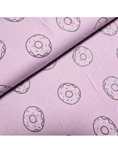 Tissu, Jersey de Coton Imprimé Donuts, Multicolore Pailleté Gourmand, Laize 150 cm, Coton Stretch Oeko-Tex