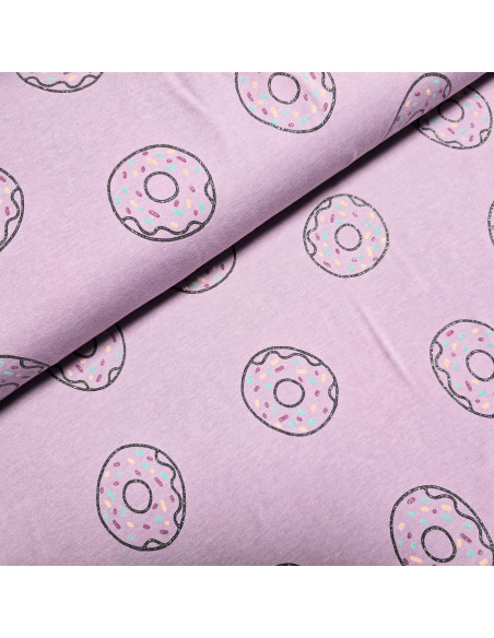 Tissu, Jersey de Coton Imprimé Donuts, Multicolore Pailleté Gourmand, Laize 150 cm, Coton Stretch Oeko-Tex