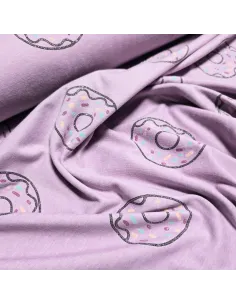 Tissu, Jersey de Coton Imprimé Donuts, Multicolore Pailleté Gourmand, Laize 150 cm, Coton Stretch Oeko-Tex 2