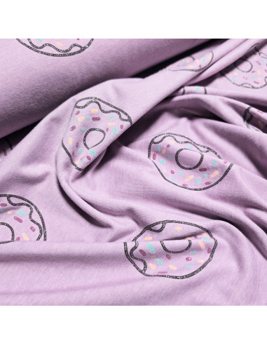 Tissu, Jersey de Coton Imprimé Donuts, Multicolore Pailleté Gourmand, Laize 150 cm, Coton Stretch Oeko-Tex