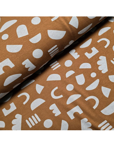 Tissu, Sweat Envers Fourrure, Formes Géométriques Bleu Ciel & Marron, Laize 150 cm, 60% Coton 35% Polyester 5% Spandex