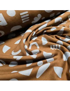 Tissu, Sweat Envers Fourrure, Formes Géométriques Bleu Ciel & Marron, Laize 150 cm, 60% Coton 35% Polyester 5% Spandex 2
