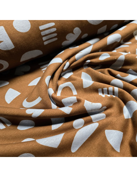 Tissu, Sweat Envers Fourrure, Formes Géométriques Bleu Ciel & Marron, Laize 150 cm, 60% Coton 35% Polyester 5% Spandex