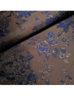 Tissu, Jacquard Lurex Fleuri, Cuivré et Bleu Nuit, Laize 150 cm, 100% Polyester 256g/ml