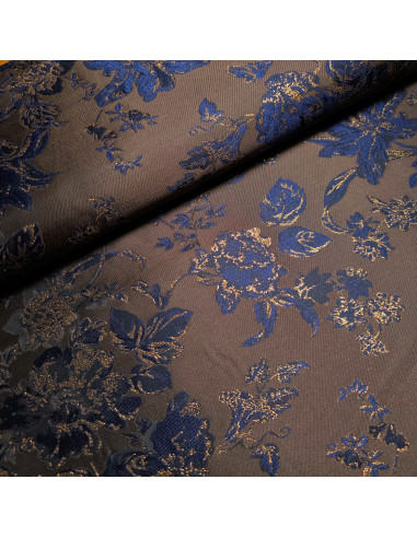 Tissu, Jacquard Lurex Fleuri, Cuivré et Bleu Nuit, Laize 150 cm, 100% Polyester 256g/ml