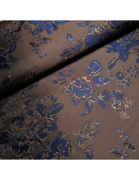 Tissu, Jacquard Lurex Fleuri, Cuivré et Bleu Nuit, Laize 150 cm, 100% Polyester 256g/ml