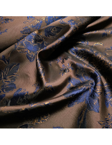 Tissu, Jacquard Lurex Fleuri, Cuivré et Bleu Nuit, Laize 150 cm, 100% Polyester 256g/ml