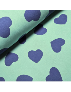 Tissu, Sweat Imprimé Cœurs, Vert Clair, Laize 155 cm, 70% Coton 30% Polyester