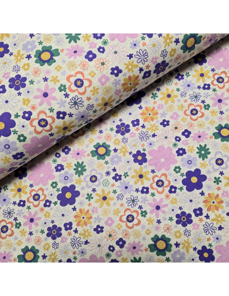 Tissu, French Terry Fleurs, Multicolores Lurex, Laize 145 cm, Coton Spandex Oeko-Tex