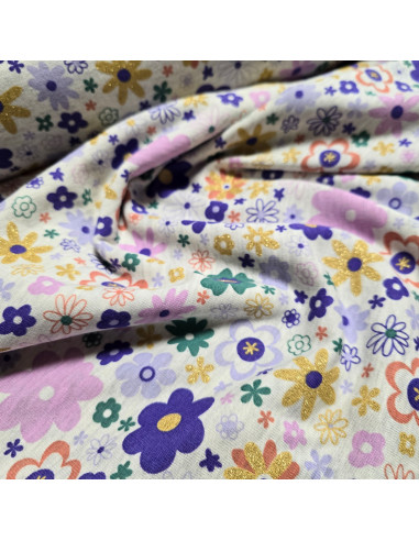 Tissu, French Terry Fleurs, Multicolores Lurex, Laize 145 cm, Coton Spandex Oeko-Tex