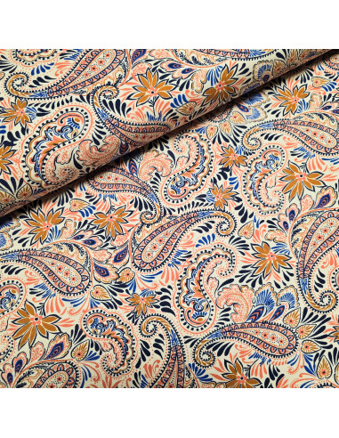 Tissu, Jersey, Motifs Cachemire, Écru et Cachemire, Laize 150 cm, Viscose Stretch Oeko-Tex
