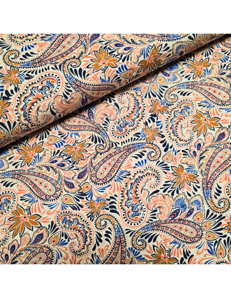 Tissu, Jersey, Motifs Cachemire, Écru et Cachemire, Laize 150 cm, Viscose Stretch Oeko-Tex