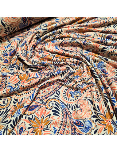 Tissu, Jersey, Motifs Cachemire, Écru et Cachemire, Laize 150 cm, Viscose Stretch Oeko-Tex