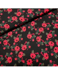 Tissu, Viscose Imprimée Fleuri, Rouge sur Noir, Laize 145 cm, 100% Viscose 108g/m²