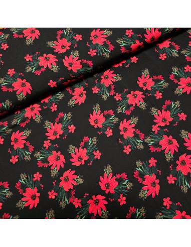 Tissu, Viscose Imprimée Fleuri, Rouge sur Noir, Laize 145 cm, 100% Viscose 108g/m²