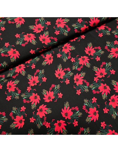 Tissu, Viscose Imprimée Fleuri, Rouge sur Noir, Laize 145 cm, 100% Viscose 108g/m²