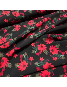 Tissu, Viscose Imprimée Fleuri, Rouge sur Noir, Laize 145 cm, 100% Viscose 108g/m² 2