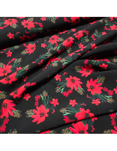 Tissu, Viscose Imprimée Fleuri, Rouge sur Noir, Laize 145 cm, 100% Viscose 108g/m²