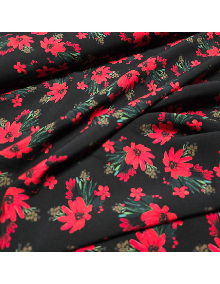 Tissu, Viscose Imprimée Fleuri, Rouge sur Noir, Laize 145 cm, 100% Viscose 108g/m²