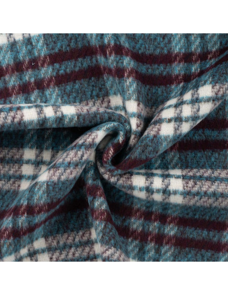 Tissu, Lainage Carreaux, Pétrole Bordeaux, Laize 150 cm, 50% Laine 440g/m²