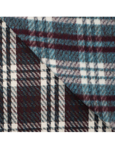 Tissu, Lainage Carreaux, Pétrole Bordeaux, Laize 150 cm, 50% Laine 440g/m²