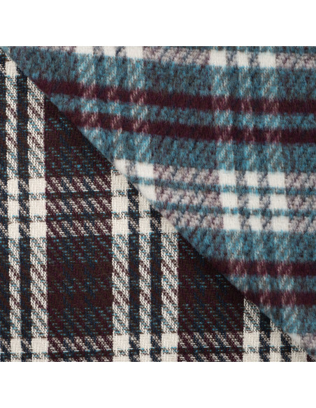 Tissu, Lainage Carreaux, Pétrole Bordeaux, Laize 150 cm, 50% Laine 440g/m²