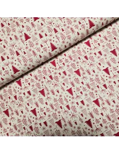 Tissu, Coton Imprimé Motif Sapins de Noël, Rouge et Écru, Laize 145 cm, 100% Coton