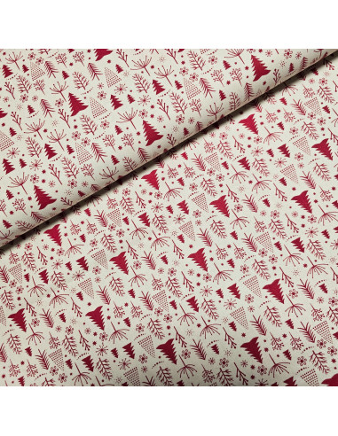 Tissu, Coton Imprimé Motif Sapins de Noël, Rouge et Écru, Laize 145 cm, 100% Coton