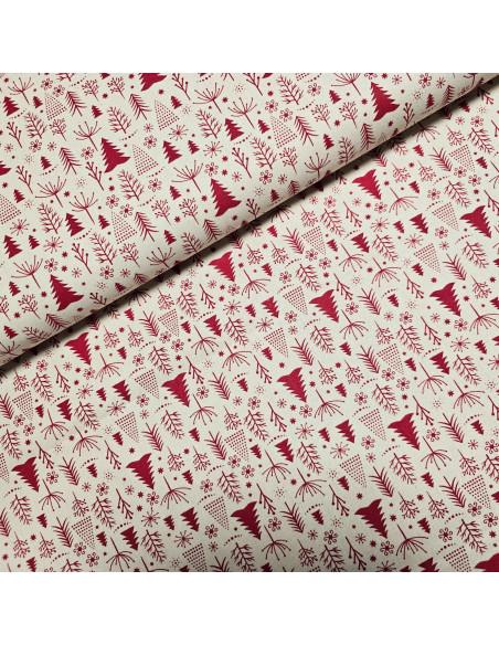 Tissu, Coton Imprimé Motif Sapins de Noël, Rouge et Écru, Laize 145 cm, 100% Coton