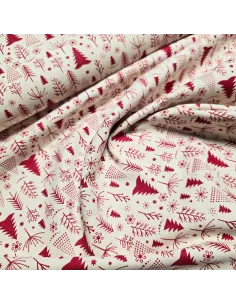 Tissu, Coton Imprimé Motif Sapins de Noël, Rouge et Écru, Laize 145 cm, 100% Coton 2