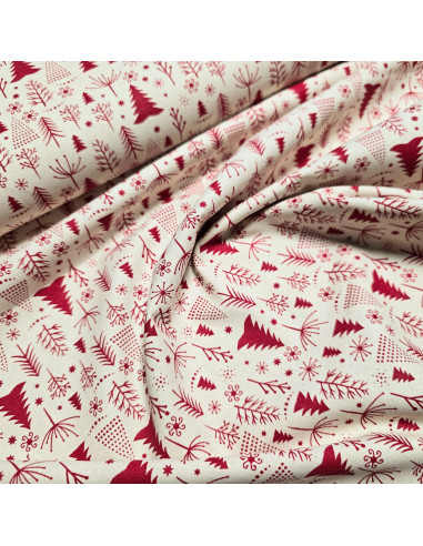 Tissu, Coton Imprimé Motif Sapins de Noël, Rouge et Écru, Laize 145 cm, 100% Coton