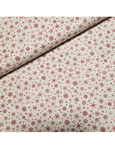 Tissu, Coton Flocons de Noël, Rouge et Écru, Laize 145 cm, 100% Coton Oeko-Tex