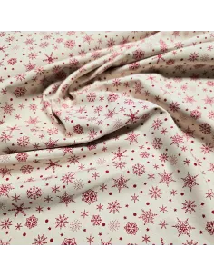 Tissu, Coton Flocons de Noël, Rouge et Écru, Laize 145 cm, 100% Coton Oeko-Tex 2