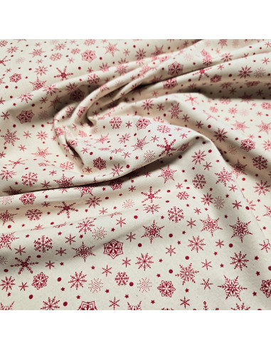 Tissu, Coton Flocons de Noël, Rouge et Écru, Laize 145 cm, 100% Coton Oeko-Tex