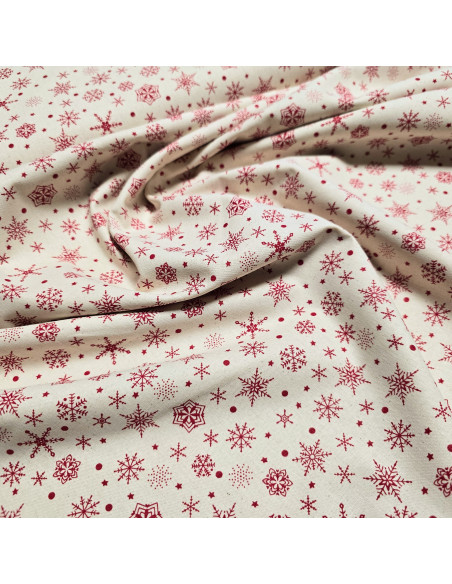 Tissu, Coton Flocons de Noël, Rouge et Écru, Laize 145 cm, 100% Coton Oeko-Tex